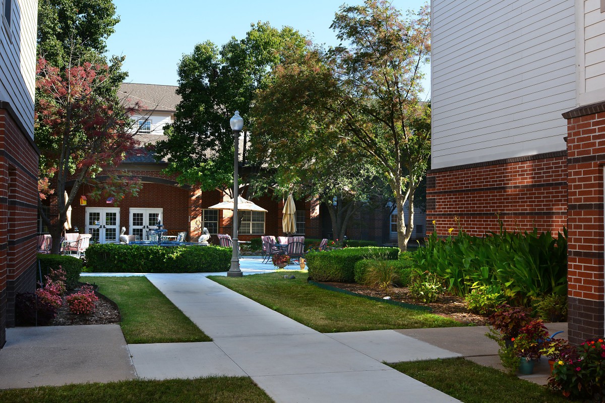 A serene outdoor courtyard with a pathway, surrounded by lush greenery and modern buildings.