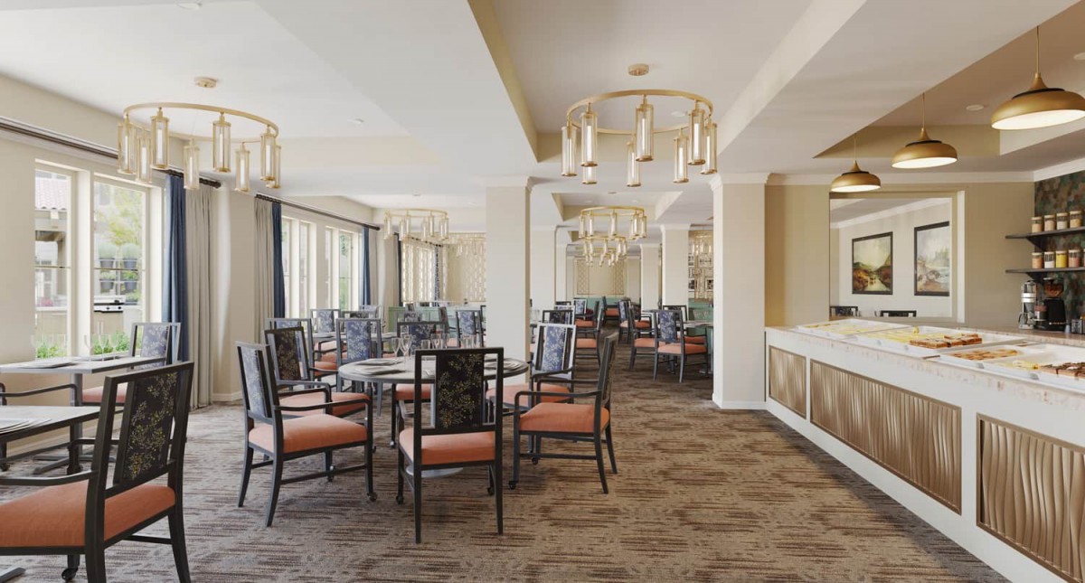 A modern dining area with elegant chandeliers, tables, and chairs, featuring large windows and a patterned carpet.