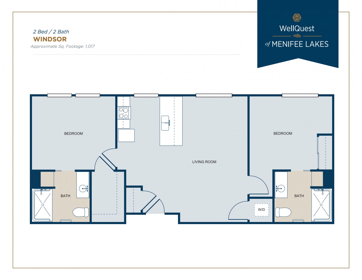 A detailed floor plan of a two-bedroom apartment including bathrooms and living areas.
