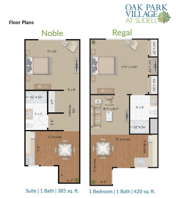 Floor plans for two apartment layouts, Noble and Regal.