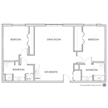 This image shows a floor plan layout with two bedrooms, two bathrooms, and a living room.