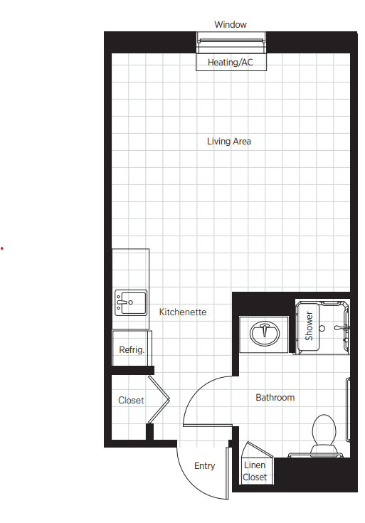 Studio apartment floor plan with a living area, kitchenette, bathroom, and closet.