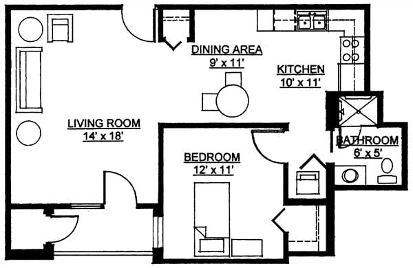A one-bedroom apartment floor plan showing layout of living room, bedroom, kitchen, and dining area.