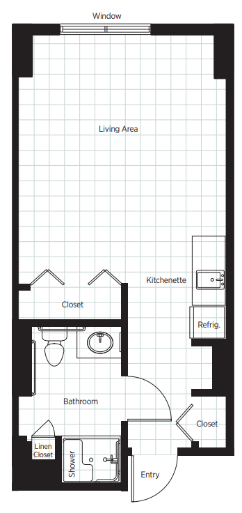 A simple studio apartment floor plan featuring a kitchenette, bathroom, and closet.