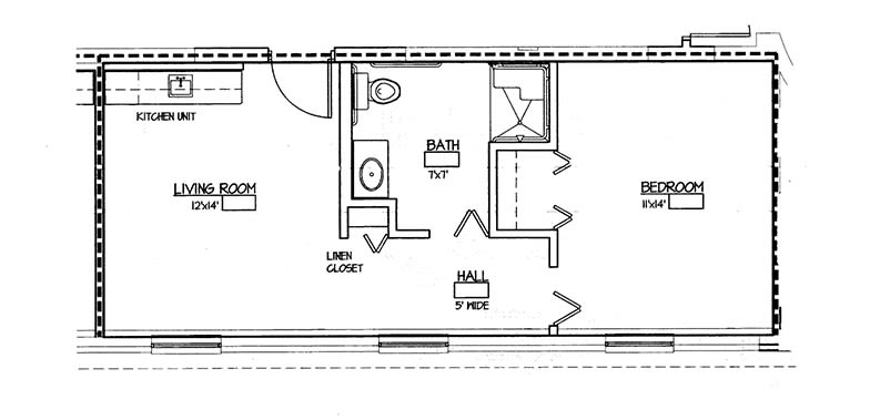 A blueprint showing a layout with a bathroom, linen closet, and hallway.