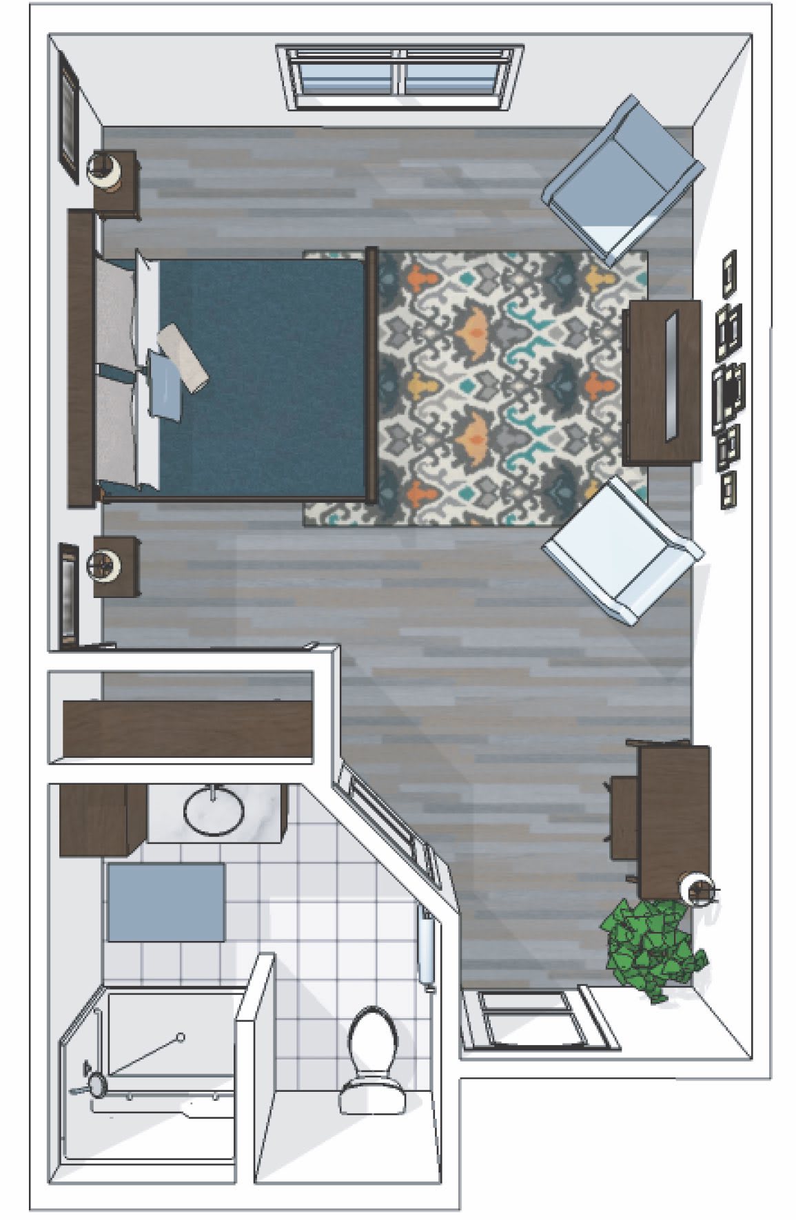 A detailed floor plan of a small bedroom with furniture layout.