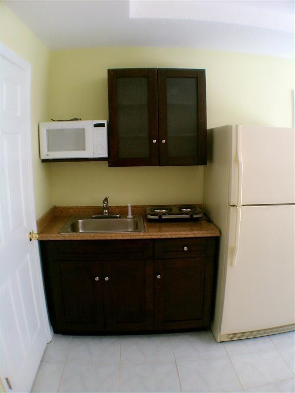 A compact kitchen setup with a microwave, fridge, sink, and cabinets.