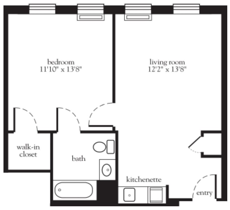 A one-bedroom apartment floor plan with a living room, kitchen, walk-in closet, and bathroom.