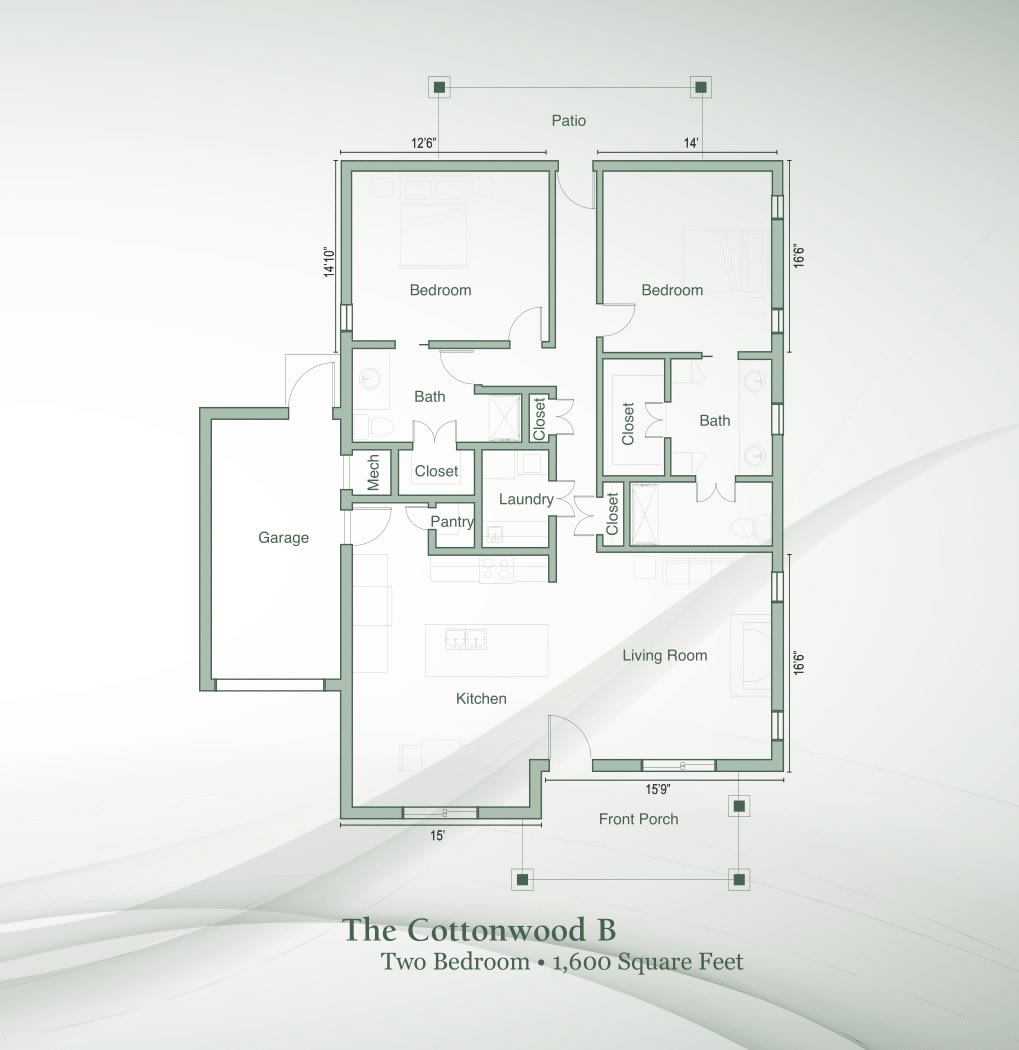 A detailed floor plan of a two-bedroom house with labeled rooms.