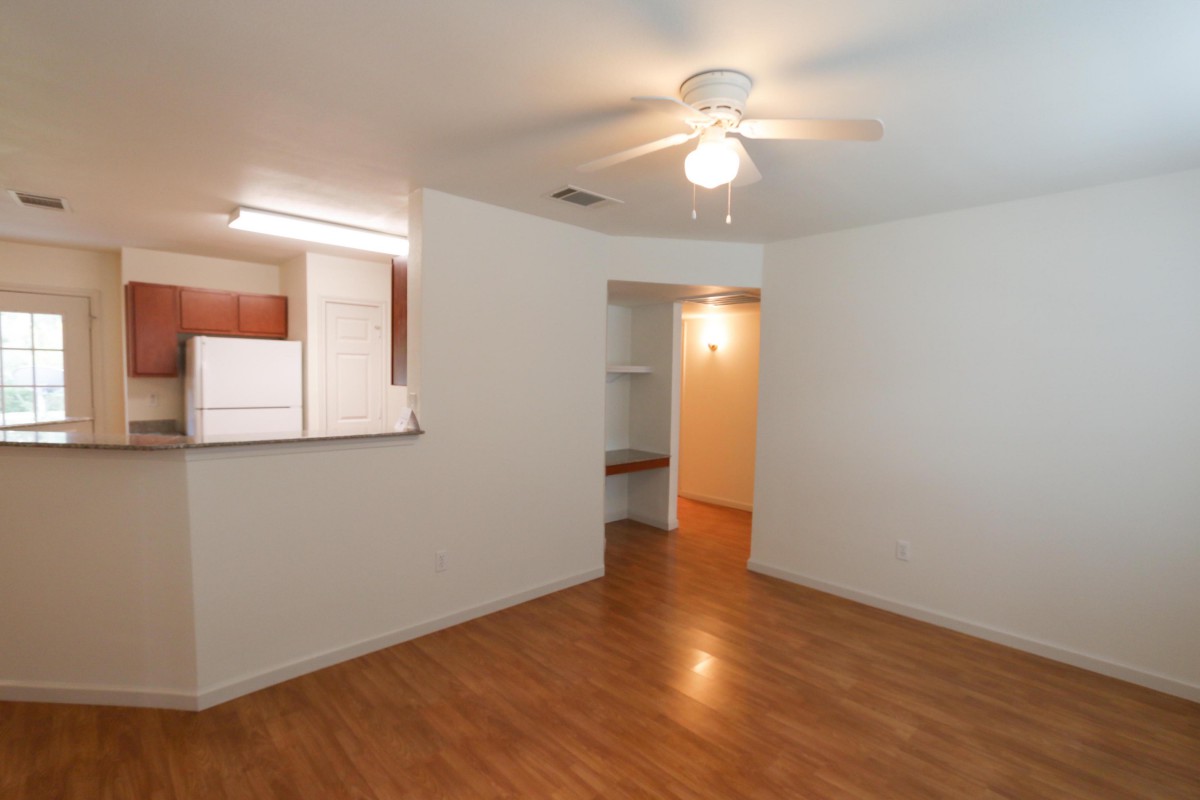 Bright living area with wood flooring and a ceiling fan in an apartment.