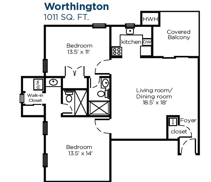 Layout of a two-bedroom apartment named Worthington, covering 1011 square feet.
