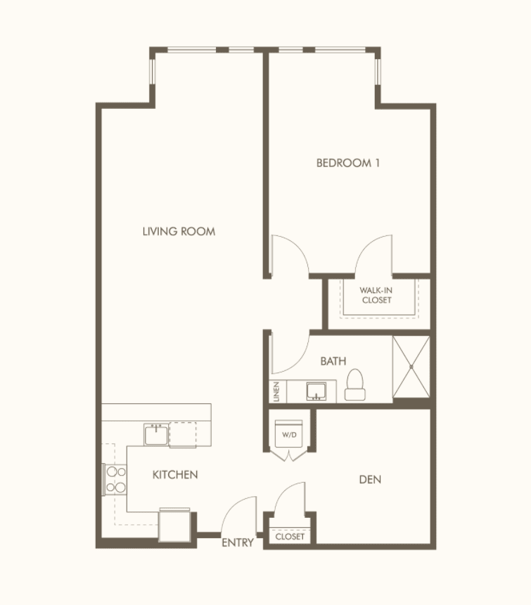A floor plan of a one-bedroom apartment featuring a kitchen, living room, bathroom, and den.
