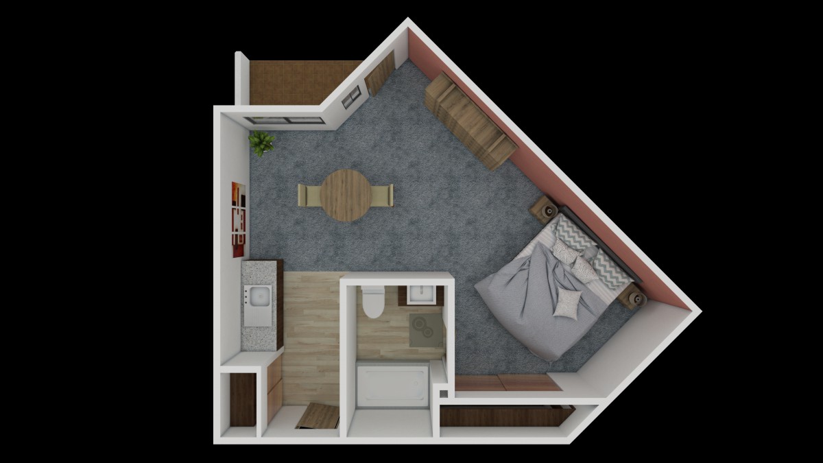 A cozy one-bedroom apartment floor plan featuring a bedroom, kitchen, dining area, and bathroom.