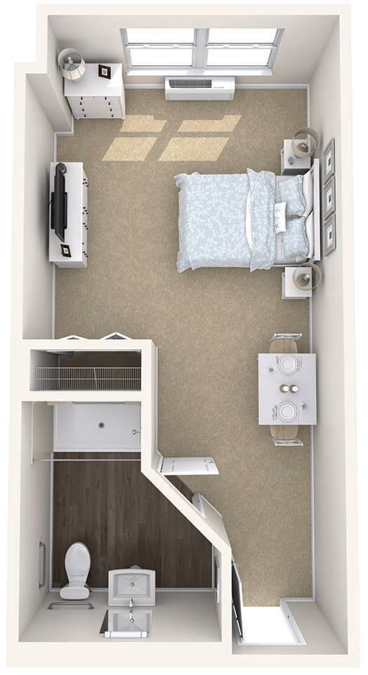 A compact bedroom floor plan featuring a bed, TV stand, and a small dining area.