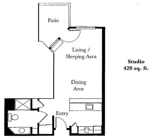 Studio apartment floor plan with a patio, living/sleeping area, dining area, and a bathroom.