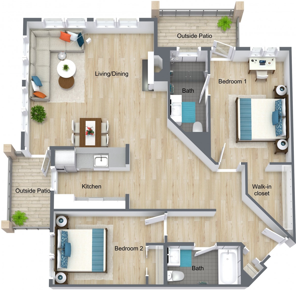 A detailed floor plan depicting a modern apartment layout with two bedrooms, a kitchen, living room, and dining area.