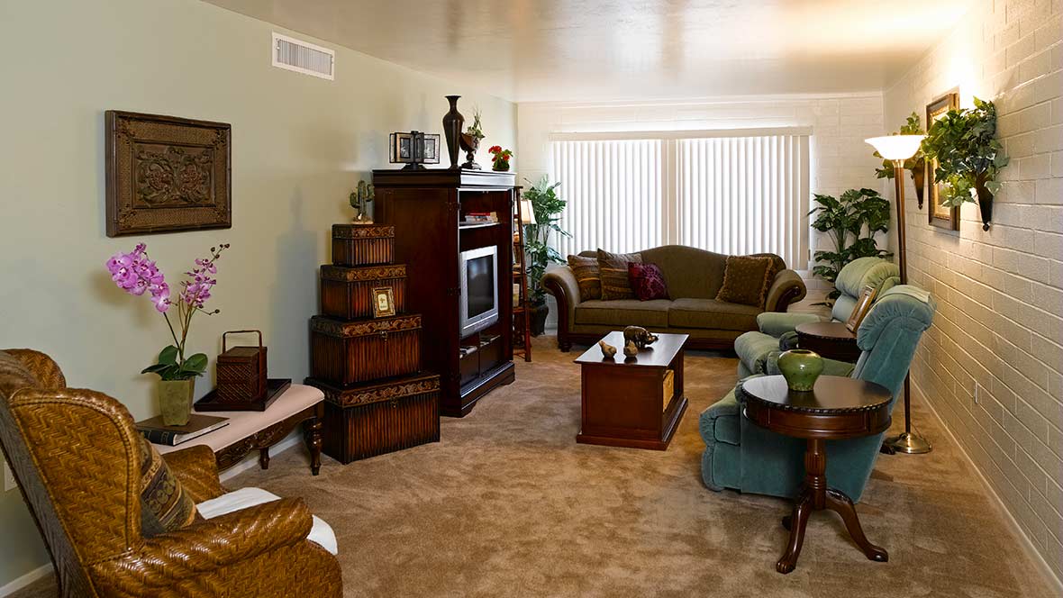 A cozy living room featuring a sofa, television, and various pieces of furniture.