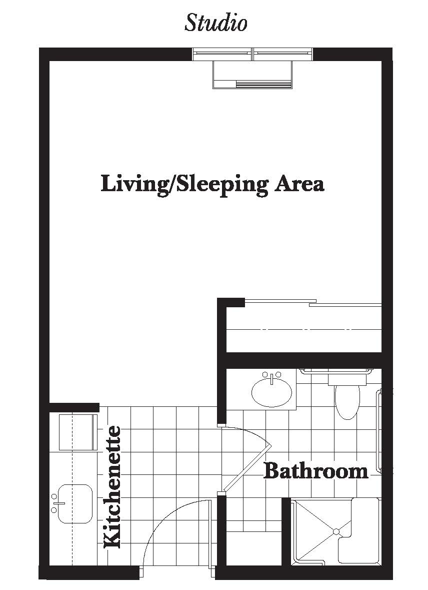 A floor plan of a studio apartment featuring a living/sleeping area, kitchenette, and bathroom.
