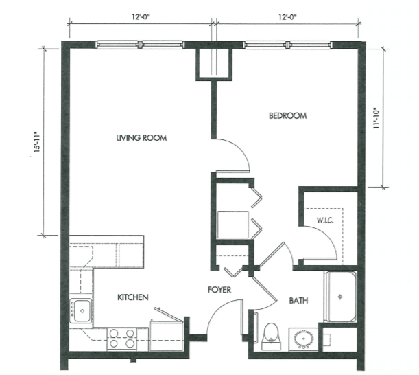 A floor plan of a one-bedroom apartment featuring a living area, kitchen, bedroom, and bathroom.