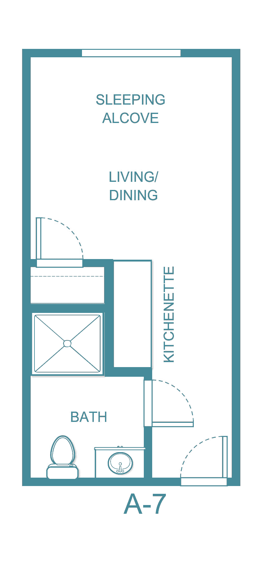 A floor plan of a compact studio apartment featuring a living/dining area, kitchenette, and bathroom.