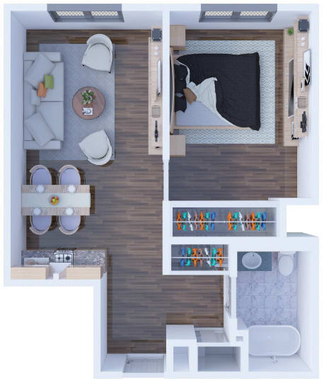 A 3D floor plan of a 1-bedroom apartment showing a living room, kitchen, bedroom, and bathroom.