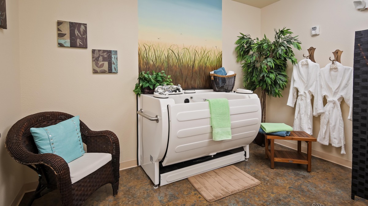 A serene spa room featuring a therapeutic bathtub surrounded by calming decor and greenery.