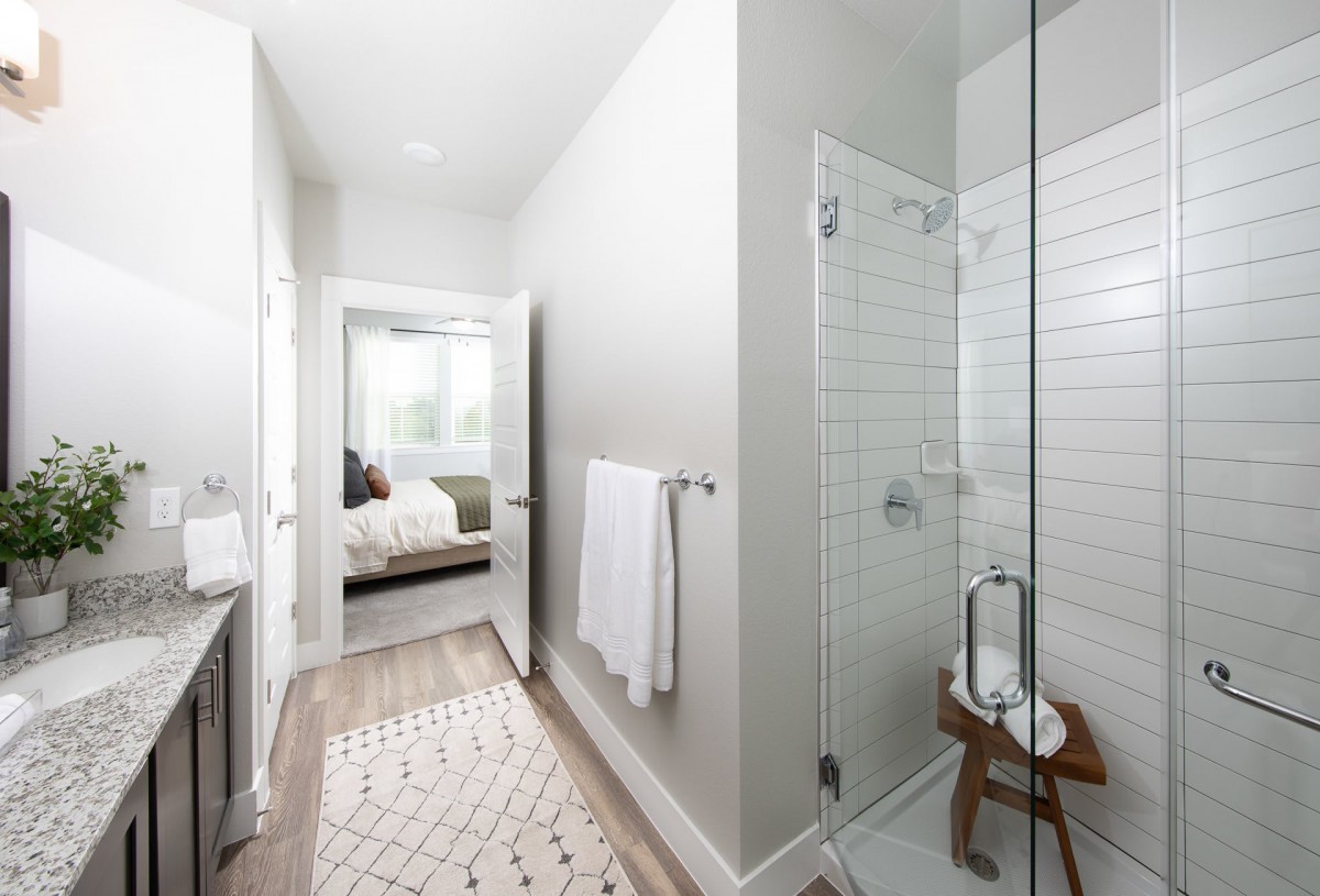 A modern, minimalist bathroom with a glass shower and elegant decor.