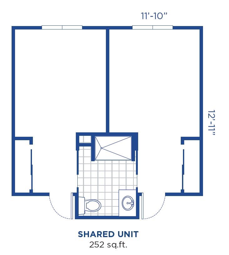 A floor plan of a shared unit featuring two bedrooms and a central bathroom.