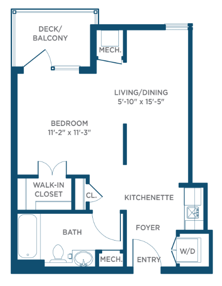 This image is a floor plan of an apartment, including areas for living/dining, kitchenette, bedroom, bathroom, walk-in closet, and a balcony.
