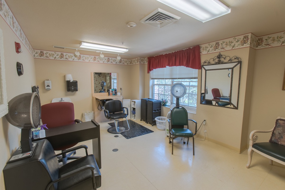 A view of an empty hair salon with chairs and mirrors.
