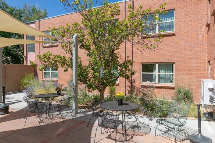 A sunny outdoor patio with tables, chairs, and a tree next to a building.