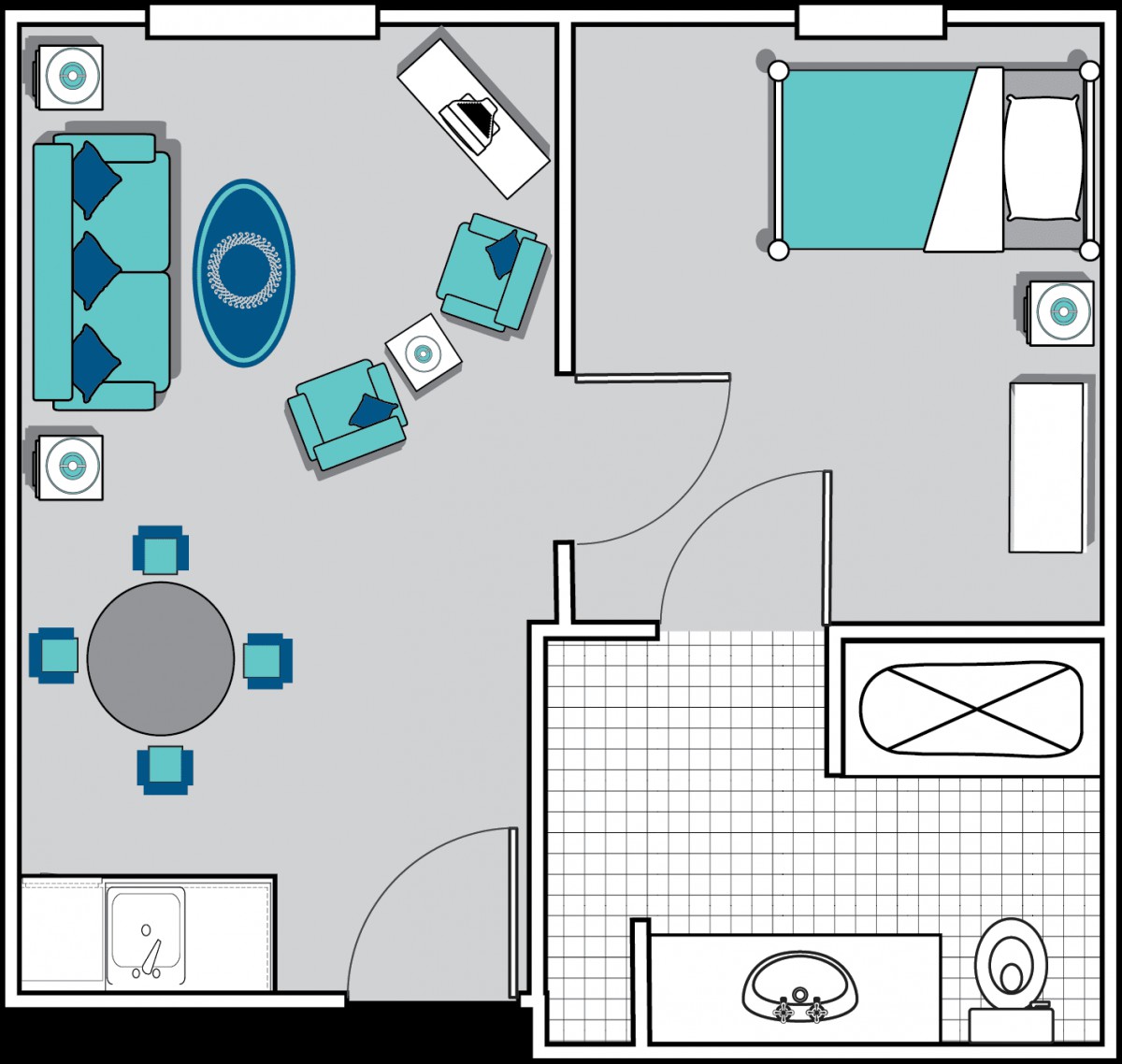A simple floor plan showing an apartment with a living room, bedroom, and bathroom.