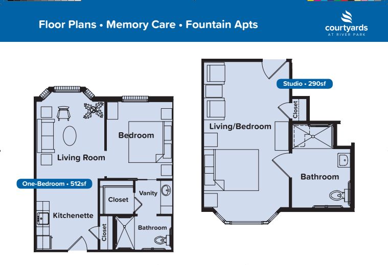 Floor plans for memory care apartments at Fountain Apts, showing two different layouts.