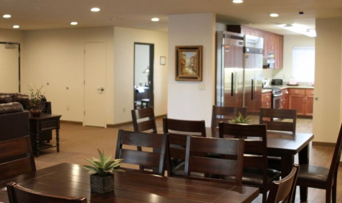 A modern dining area with wooden tables and chairs, decorated with small plants.