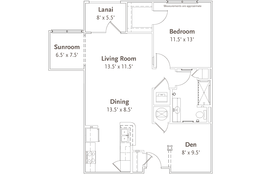 A floor plan of an apartment including a bedroom, living room, dining area, kitchen, den, sunroom, and lanai.