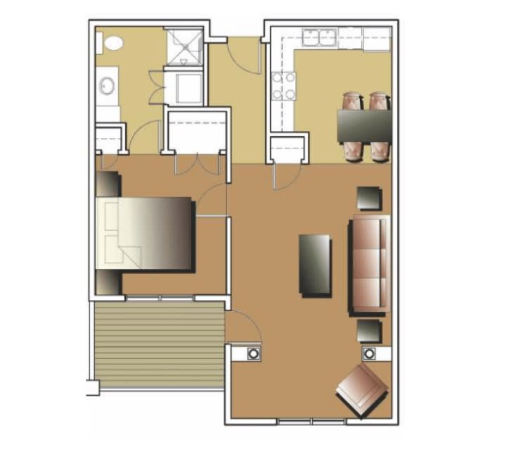 A floor plan depicting a one-bedroom apartment with a living room, kitchen, and bathroom.