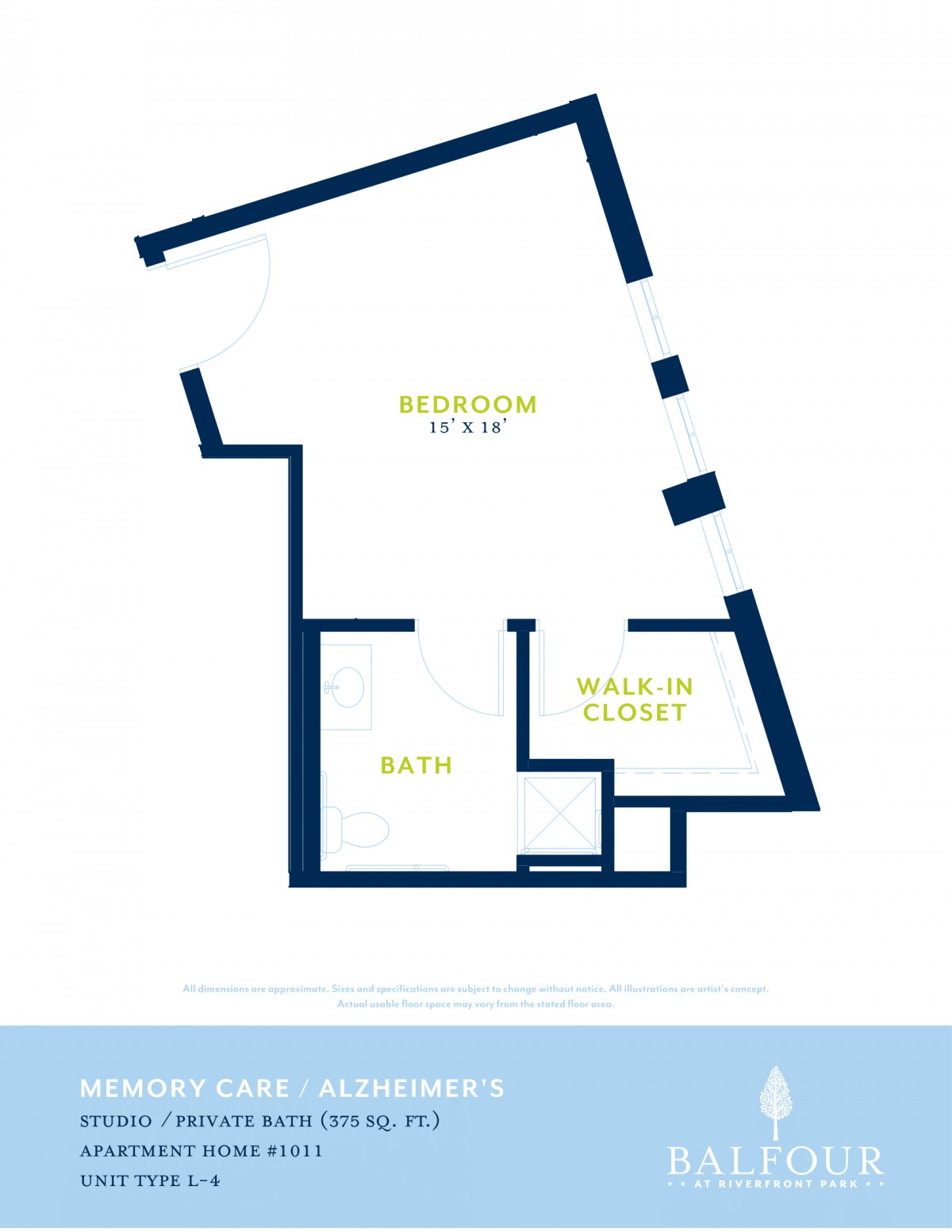 A blueprint-style illustration of a one-bedroom apartment floor plan.
