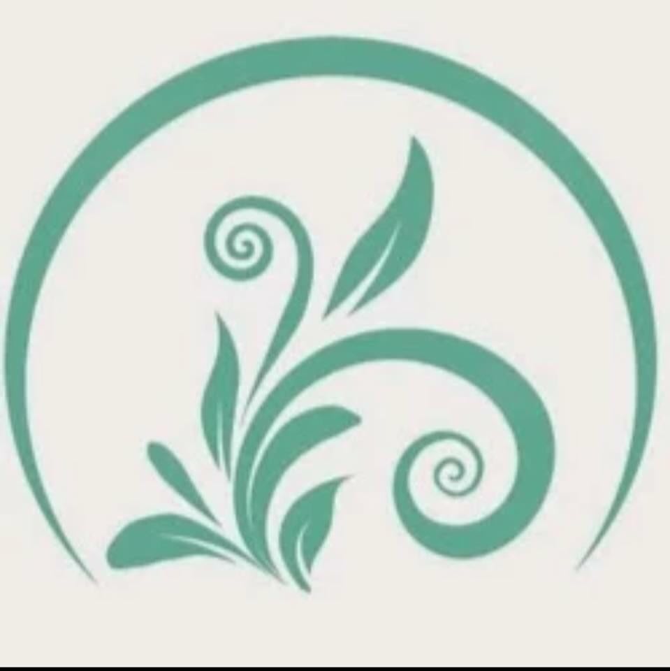 A stylized logo featuring green leaves and spirals within a circular design.