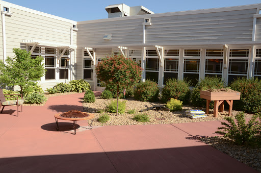 A serene courtyard featuring a beautifully landscaped garden under clear blue skies.