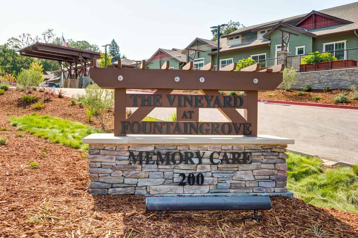Entrance sign for Vineyard at Fountain Grove Memory Care facility.