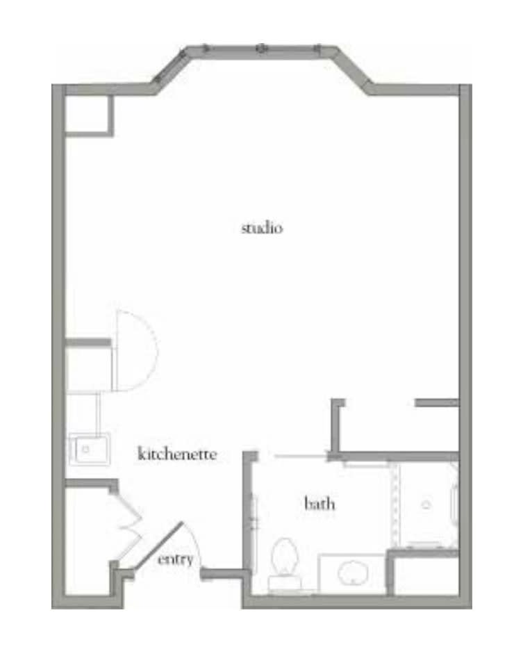 A simple floor plan of a studio apartment with designated kitchen, bath, and main area.