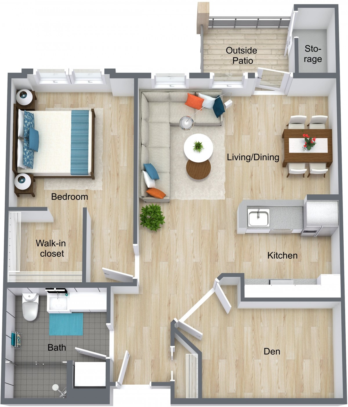 A modern apartment floor plan featuring a bedroom, walk-in closet, bathroom, kitchen, living/dining area, den, and an outdoor patio.