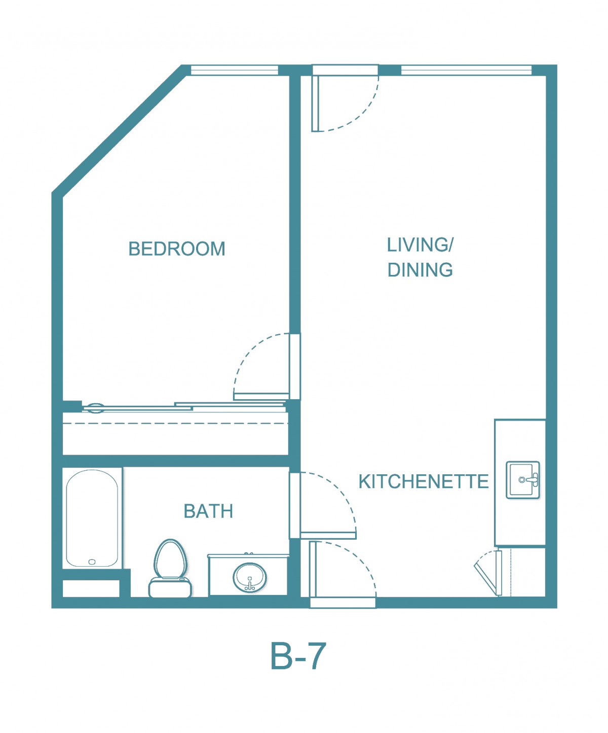 A floor plan of a small apartment with a bedroom, bathroom, living/dining area, and kitchenette.