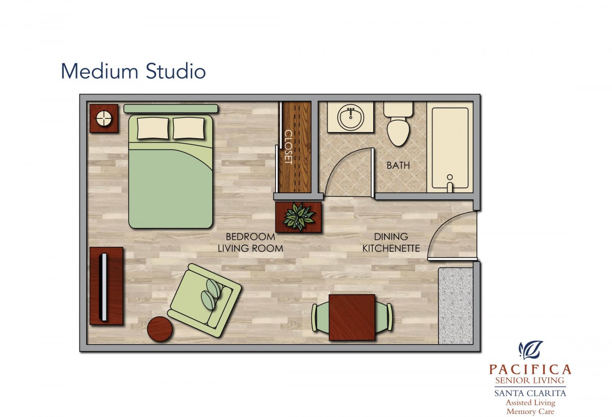 Medium studio apartment floor plan with bed, kitchen, and living area.