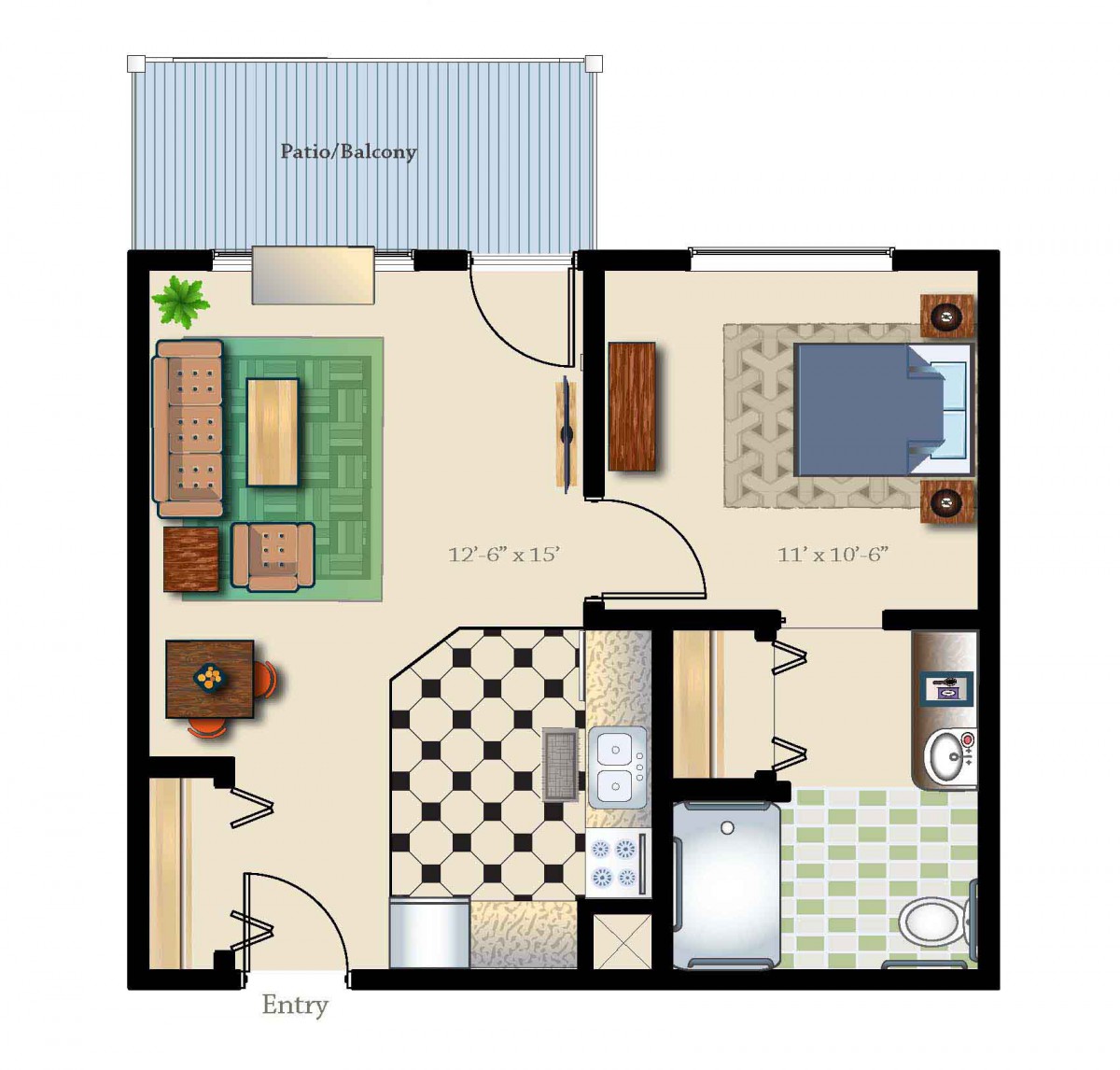 A one-bedroom apartment floor plan with a kitchen, living room, bathroom, and balcony.