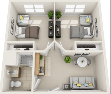 A 3D floor plan of a two-bedroom apartment with a shared living area and kitchen.