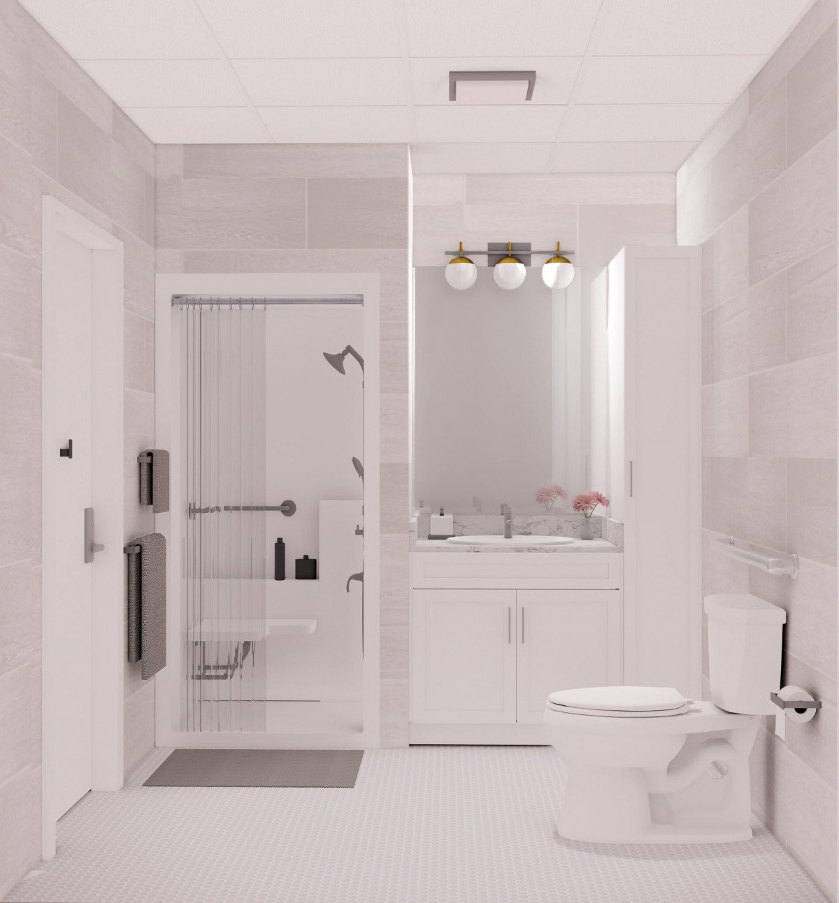 A modern bathroom with a glass shower, vanity, and sleek design.