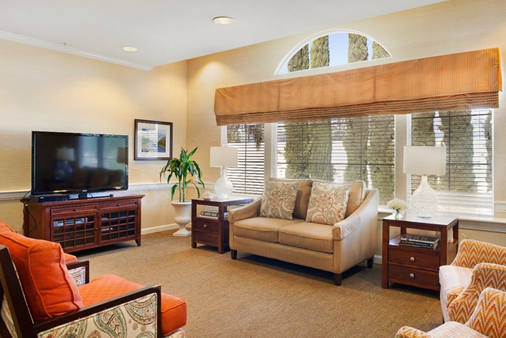 A cozy living room with a sofa, TV, lamps, and large windows.