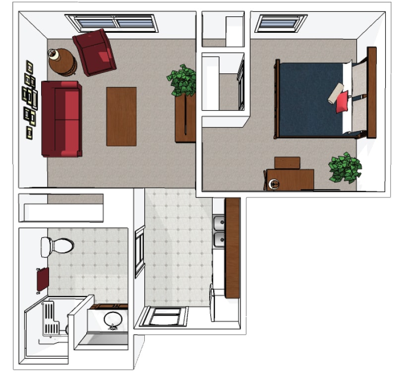 A simple floor plan of an apartment featuring a living room, bedroom, kitchen, and bathroom.