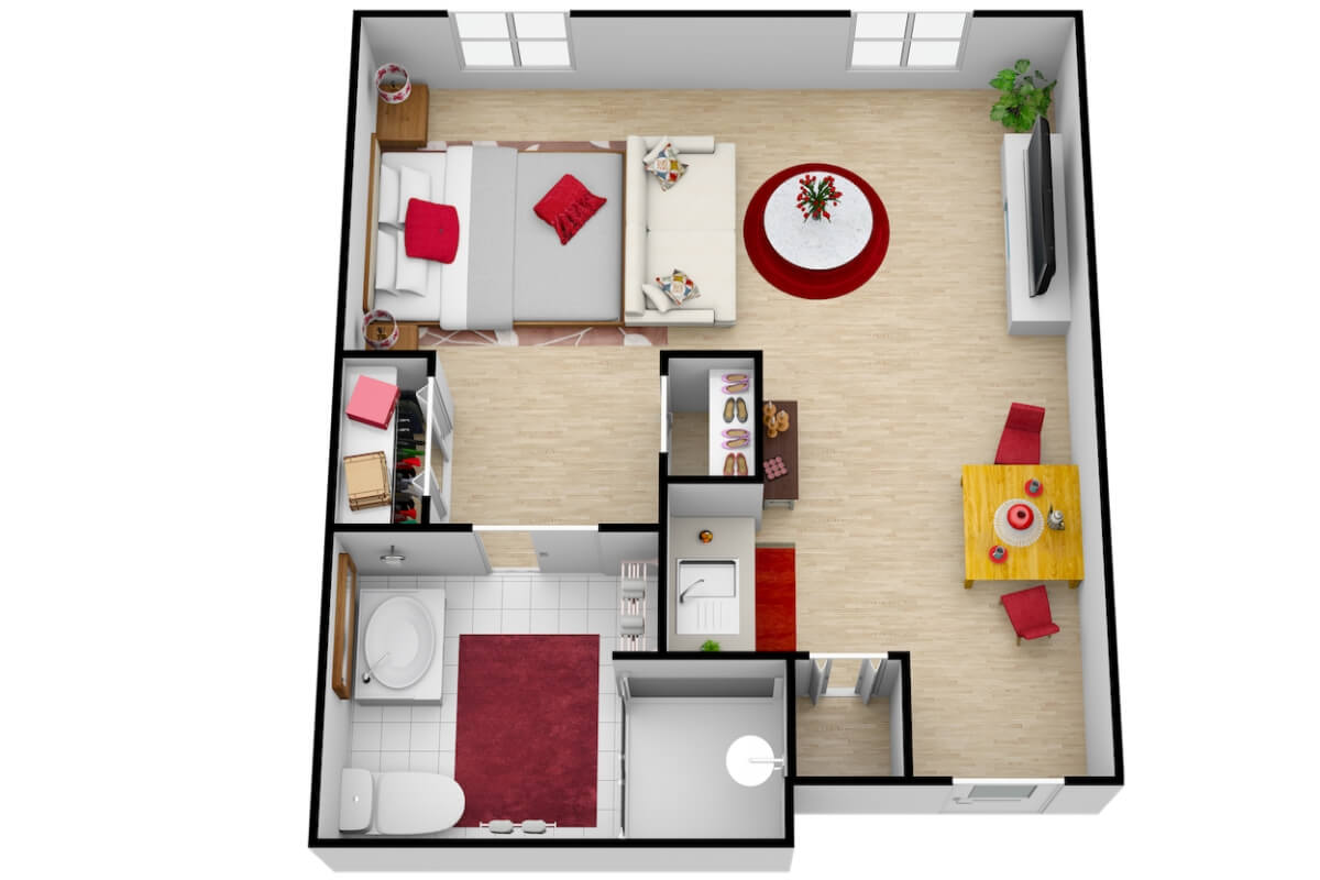 A 3D floor plan of a one-bedroom apartment featuring a living room, kitchen, bathroom, and bedroom with contemporary design elements.